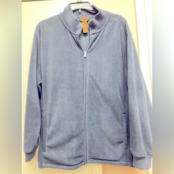 Men’s navy fleece jacket with knit collar and cuffs. - Picture 4 of 8